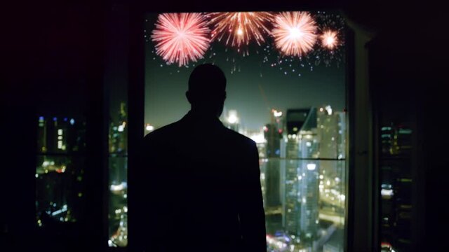 Successful Young Entrepreneur Enjoying Skyline Fireworks Display Over City Night Walking Toward City Skyscrapers Entrepreneurship Business Success Creative Startup Ideas Innovation Slow Motion Red 8k