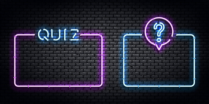 Vector realistic isolated neon sign of Quiz frames logo for template decoration and covering on the wall background. Concept of trivia night and question.
