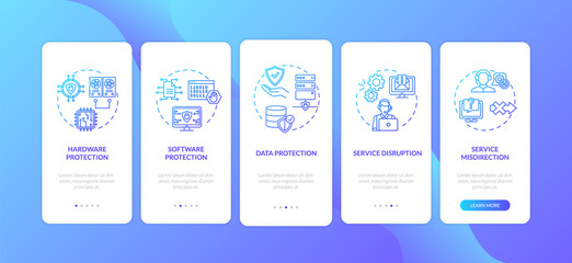 Cybersecurity components onboarding mobile app page screen with concepts. Data protection, service support walkthrough 5 steps graphic instructions. UI vector template with RGB color illustrations