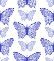 Seamless pattern with flying butterflies and flowers in vintage  style, vector illustration. Freehand linear ink hand drawn logo in art retro