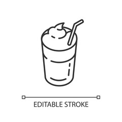 Mocha linear icon. Coffee drink with foam and straw. Beverage in glass mug. Cafe menu. Thin line customizable illustration. Contour symbol. Vector isolated outline drawing. Editable stroke