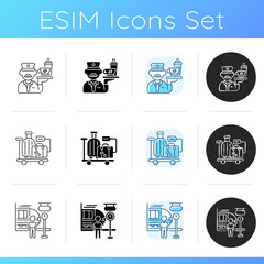 Railway services icons set. Linear, black and RGB color styles. Professional stewart service, passenger baggage delivery and commuter train arrival schedule. Isolated vector illustrations