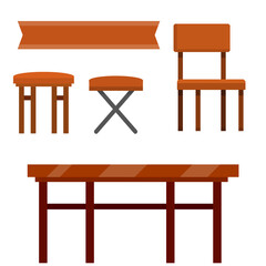 Table and set of chairs. Kitchen furniture and tablecloths. Element of cafe and restaurant. Brown wooden ribbon for text. Cartoon flat illustration