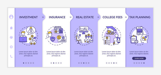 Financial literacy application onboarding vector template. Investment, insurance, real estate, college fees. Responsive mobile website with icons. Webpage walkthrough step screens. RGB color concept