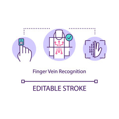 Finger vein recognition concept icon. Scanner touch screen. Coding big data. Access of fingerprint idea thin line illustration. Vector isolated outline RGB color drawing. Editable stroke