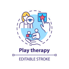 Play therapy concept icon. Children mental health treatment idea thin line illustration. Brain development. Feelings sharing. Therapy toys. Vector isolated outline RGB color drawing. Editable stroke