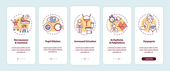 Caffeine overdose symptoms onboarding mobile app page screen with concepts. Insomnia, pupil dilation walkthrough 5 steps graphic instructions. UI vector template with RGB color illustrations
