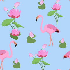 Obraz premium Seamless beautiful vector illustration with pink flamingo and lotus