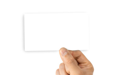 Fototapeta premium Business card mockup. Hand holding blank business paper card isolated on white background. Banner with copy space. Finger pointing.