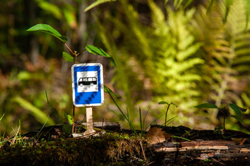 miniature bus stop road sign into the forest
