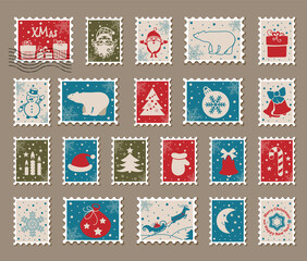 Christmas postage stamps with Santa Claus, Snowman. Vector illustration
