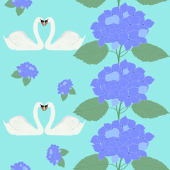 Seamless vector illustration with swans and flowers of hydrangea.