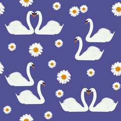 Seamless vector illustration with swans and daisie