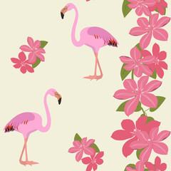 Seamless summer pattern with pink flamingos and clematis flowers.