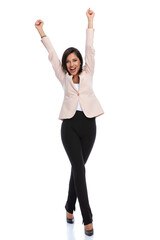 Obraz premium Laughing businesswoman celebrating and shouting