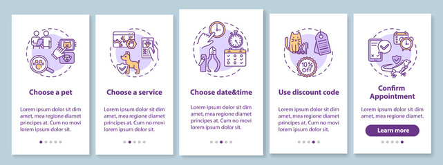 Grooming salon services app onboarding mobile app page screen with concepts. Animal veterenary service ideas walkthrough 5 steps graphic instructions. UI vector template with RGB color illustrations