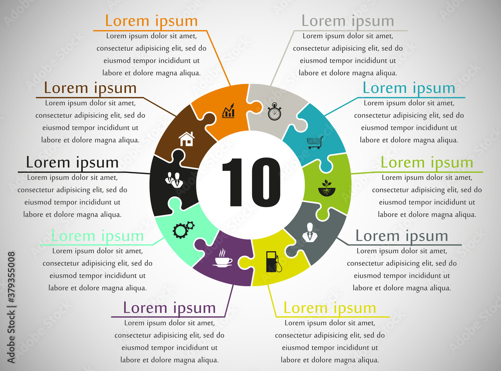 Fototapete ten sided puzzle presentation infographic template with explanatory text field for business statisti