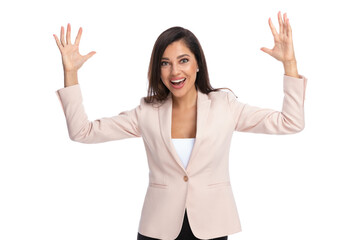 Cheerful businesswoman laughing with hands in the air