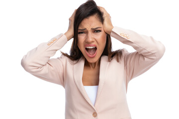 Closeup of scared businesswoman screaming with hands on head