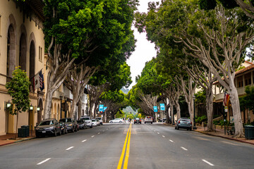 View in the old twon of Santa Barbara during summer season near Pacific ocean coast - the coastline along which the continental Western United States meets the North Pacific Ocean , California , USA