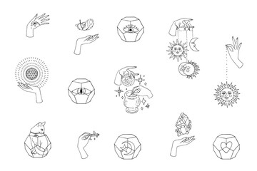 Hand drawn doodle set of black line art in boho style. Collection of scenes with female witch hands holding sacred items. Isolated on white background. Vector