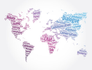 Fototapeta premium Dialogue word cloud in shape of world map, concept background