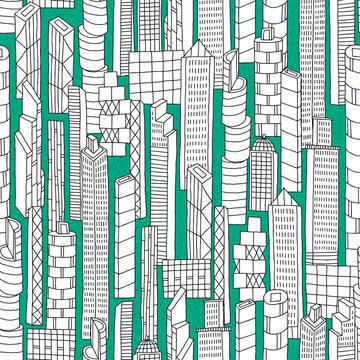 Seamless pattern of green city. Creative vector background for fabric, textile, nursery wallpaper. Hand painted city.