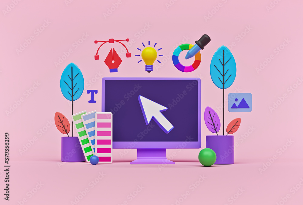 Fototapete concept of modern graphic design process. icons of graphic designer items and tools. 3d rendering