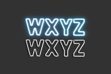 Neon W X Y Z symbols, illuminated font mockup