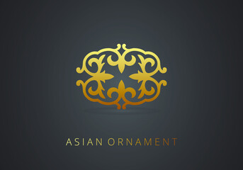 Golden ornament of curls and spirals on black background. 3d ramadan islamic round pattern elements. Geometric logo template set. Circular ornamental arabic symbols. Vintage floral seamless pattern.