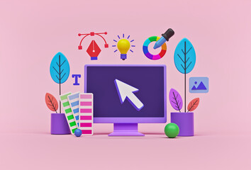 concept of modern graphic design process. icons of graphic designer items and tools. 3d rendering - obrazy, fototapety, plakaty