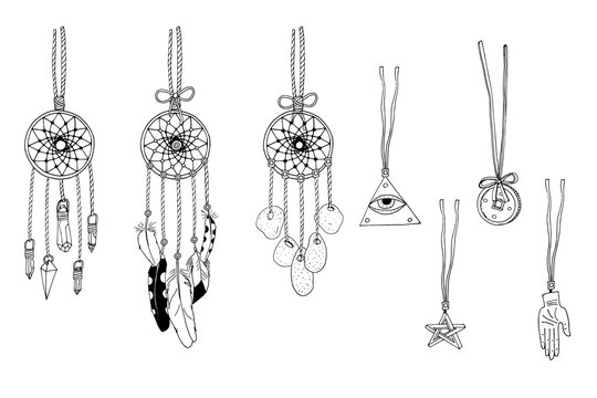 Hand drawn doodle set of black line art in boho style. Dreamcatchers and pendants collection. Isolated on white background. Vector