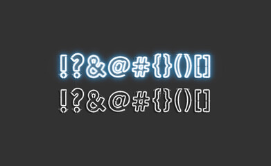 Neon mark symbols set, glowing font mock up