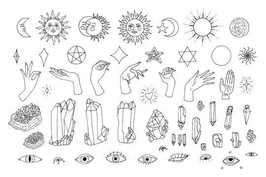 Hand drawn doodle set of black line art in boho style. Collection of witch female hands, celestial objects, stars, crystals, eyes. Isolated on white background.