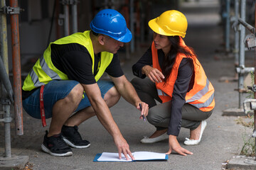 Male and female engineers at construction site crouching in order to review plans and office blueprints