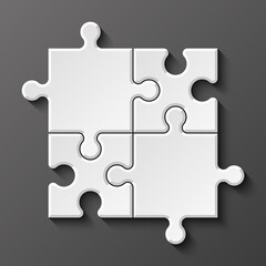White Puzzle four piece business presentation. Square infograph. Circle 4 Step process diagram card. Section compare service banner. 3d Abstract Background