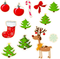 Cartoon Christmas New Year winter stickers template set. Colorful vector illustration with deer, christmas tree, decoration for games, background, pattern, decor. Print for fabrics and other surfaces.