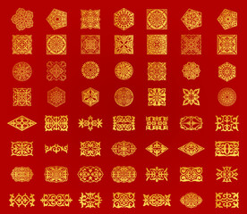 Set of 56 islamic golden ornaments on red background in vector. Circular ornamental arabic symbols. Abstract Asian elements of the national pattern of the ancient nomads of the Kazakhs, Tatars.