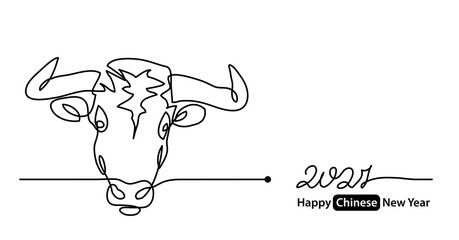 Simple 2021 Happy Chinese New Year vector banner, background. Concept with white ox, cow, bull mug or face. One continuous line drawing.