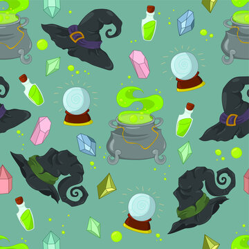Cartoon Halloween witchcraft seamless pattern with cauldron, gemstones and whitch hats template. Spooky vector illustration for games, background, pattern, decor. Print for fabrics and other surfaces.
