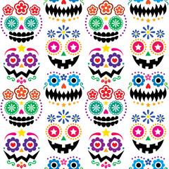 Halloween and Dia de los Muertos skulls and pumpkin faces vector seamless pattern - color Mexican sugar skull style texile design
