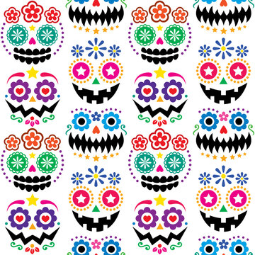 Halloween and Dia de los Muertos skulls and pumpkin faces vector seamless pattern - color Mexican sugar skull style texile design
