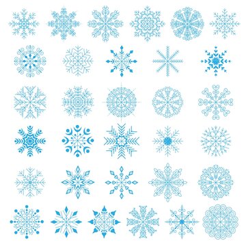 Set of blue snowflakes isolated on a white background. Winter decor elements for postcards, wrapping paper, banners and more. Stock vector illustration for decoration and design