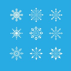 Fototapeta na wymiar Set of beautiful white snowflakes isolated on a blue background. Winter decor elements for postcards, wrapping paper, banners and more. Stock vector illustration for decoration and design