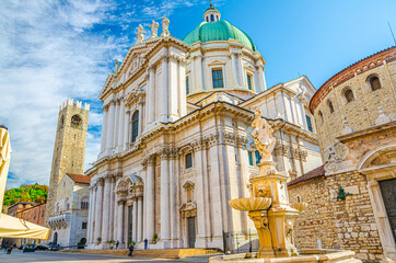 Obraz premium Santa Maria Assunta Cathedral, Duomo Nuovo and Duomo Vecchio La Rotonda, New and Old Cathedral Roman Catholic church, Piazza Paolo VI Square, Brescia city historical centre, Lombardy, Northern Italy