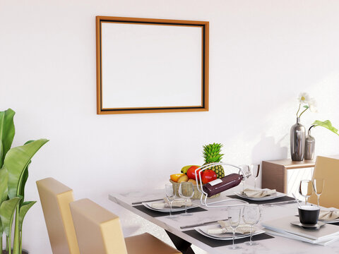 Blank Photo Frame Realistic Mockup in the Dining Room. 3D Rendering, 3D illustration.