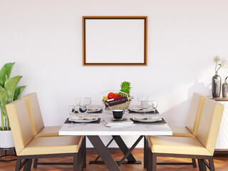 Blank Photo Frame Realistic Mockup in the Dining Room. 3D Rendering, 3D illustration.