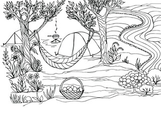 Coloring book camping with hammock, tents, food on the fire, flowers, trees. Vector illustration for a book, greeting card, poster, sticker, design, Wallpaper, game.