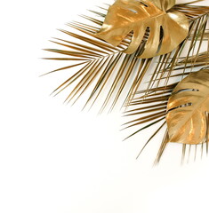 Obraz premium Gold leaf isolated on a white background top view. Golden monstera leaves frame with copy space. abstract poster.