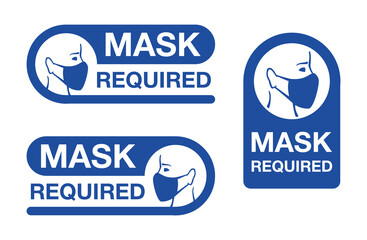 Mask required warning prevention sign - human profile silhouette with face mask in rounded rectangular frame - isolated vector information pictures set